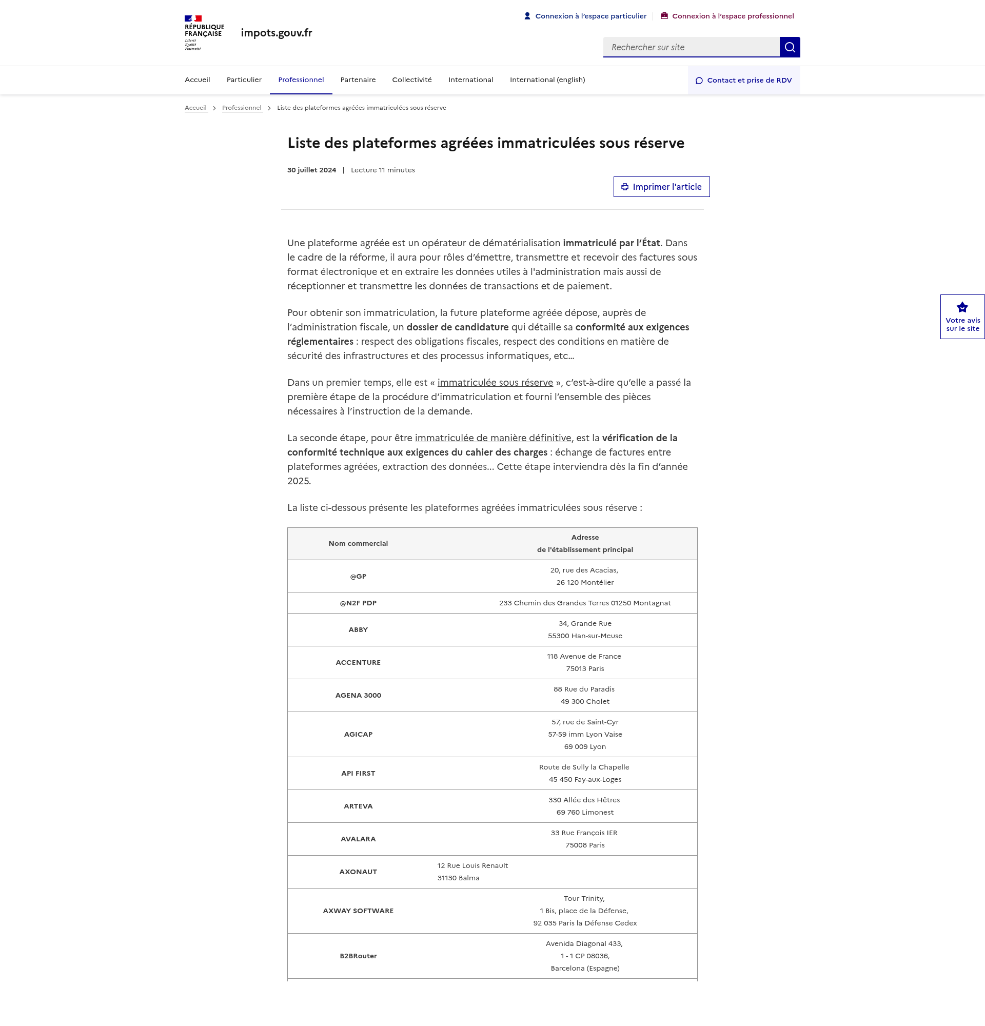 Liste officielle des PDP sous réserve